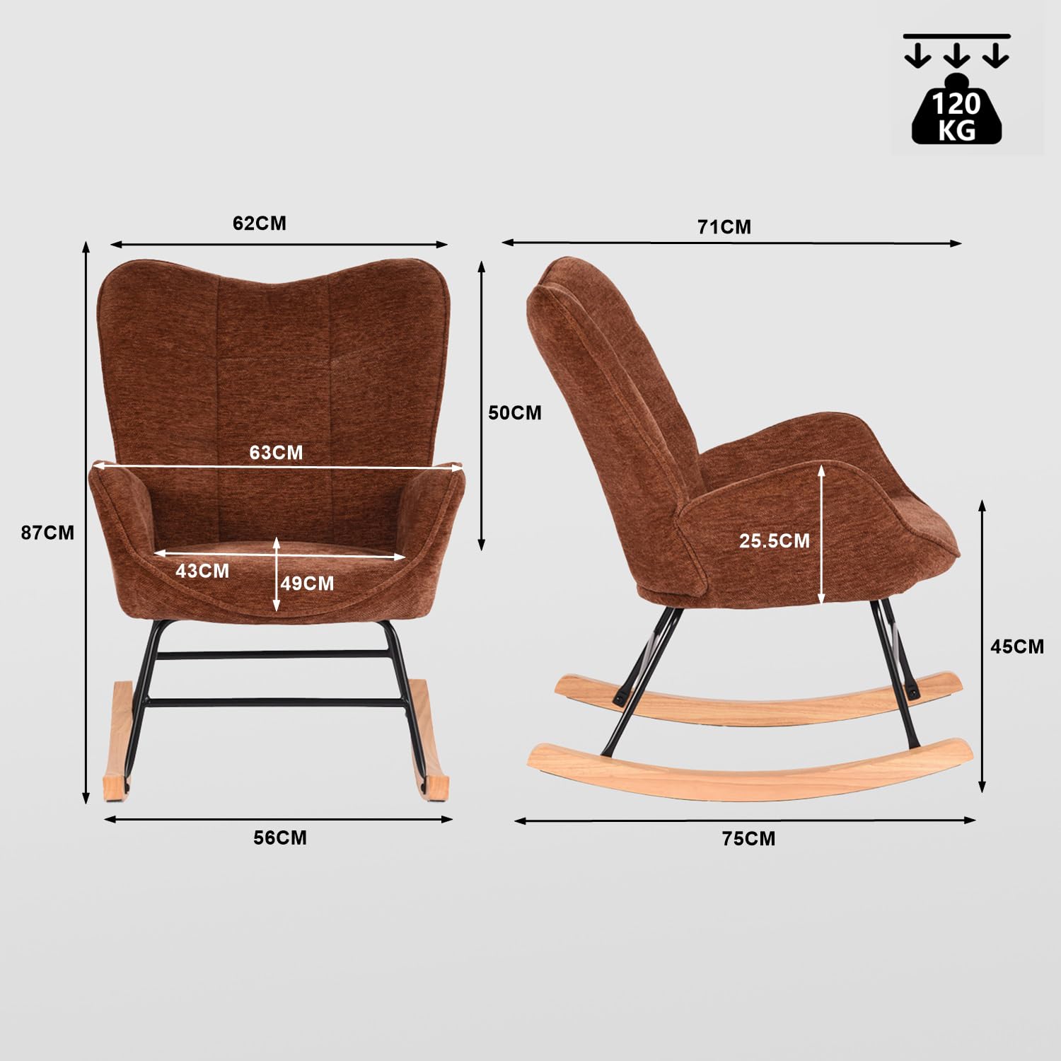 MEUBLE COSY Sedia a Dondolo Poltrona Imbottita Relax con Braccioli Schienale in Tessuto con Gambe in Legno per Soggiorno Cameretta Balcone, Rosso, 62x75x87cm