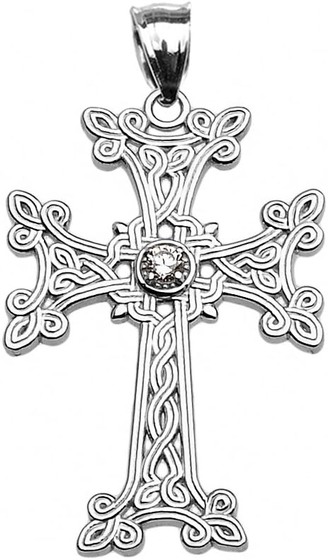 Religious Jewelry Sterling Silver Armenian Cross Solitaire Cubic Zirconia Pendant Necklace - Image 2