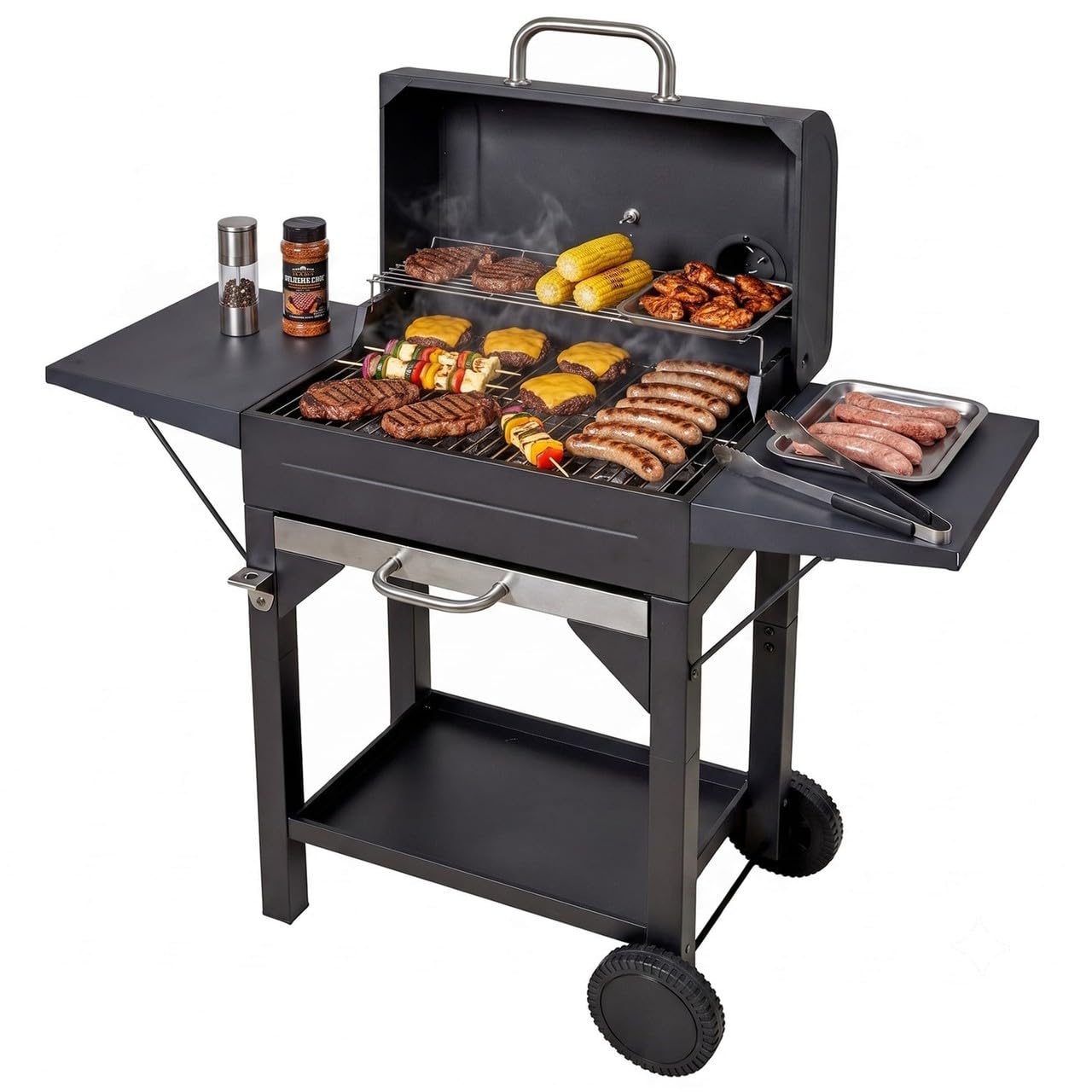 URBNLIVING Portable Charcoal BBQ Grill with Lid & Air Vent – Compact Tabletop Smoker for Outdoor Cooking, Camping, Picnic & Garden – Durable Steel Barrel Design (MEMPHIS BBQ Grill Trolley)