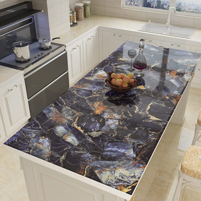 Image of Self Adhesive Gloss Vinyl Wrap Film, High Gloss Marble Furniture Film Wallpaper (24 * 96 inch, Blue Stone)