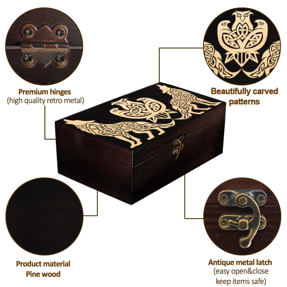 arricraft 1 caja de almacenamiento de madera para recuerdos, nudo vikingo, lobo, cuervo, rectángulo, pino, tarot, caja de recuerdos para almacenamiento de aniversario y joyería, 24 x 14 x 9 cm