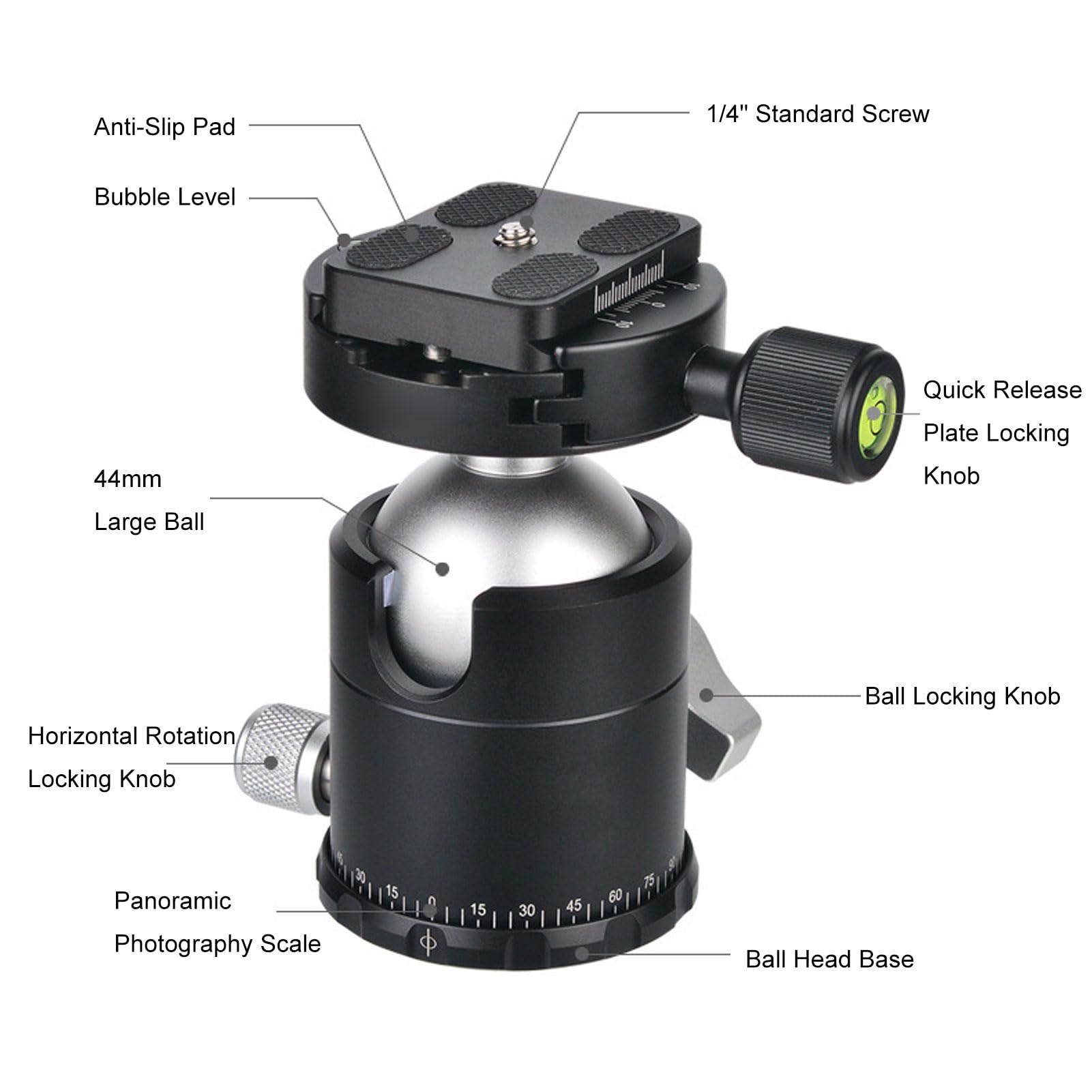 GOWENIC Testa a Sfera per Treppiede da 44 Mm, Testa a Sfera per Montaggio su Treppiede Panoramico per Fotocamera e Base Doppia Filettata con Piastra QR e Livella a Bolla, per Monopiede