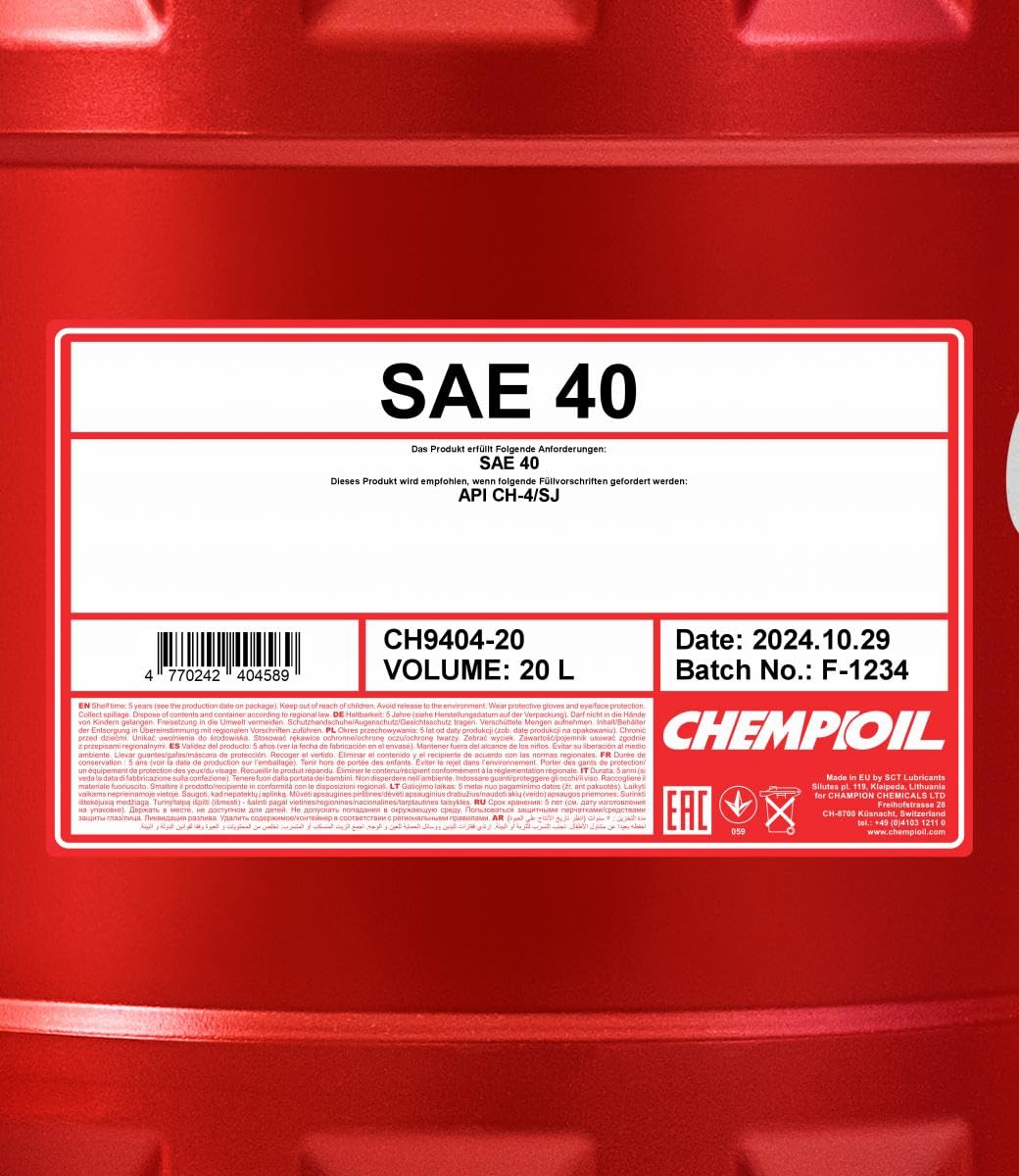 Aceite de motor SAE 40 SAE API CH-4 API SJ 40 20L Compatible con VW Polo V Hatchback 6R1, 6C1 up! Hatchback 121, 122, BL1, BL2, BL3, 123 Golf 7 Hatchback 5G1, BQ1, BE1, BE2, PEUGEOT, TOYOTA