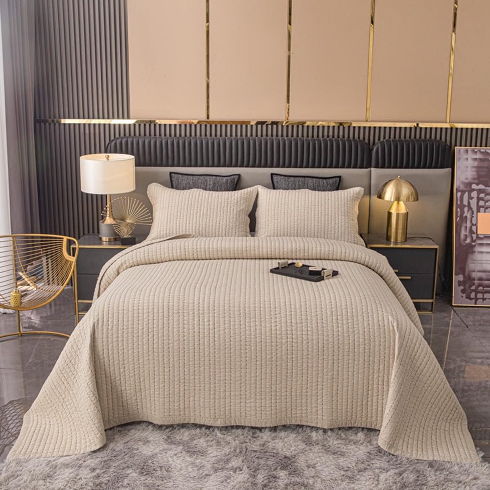 SSHFFDD Bedspread 100% Cotton 240x260cm - Lightweight Quilted Bedspreads Coverlet All Season Bedding Set (1 Quilt, 2 Pillow Shams)(Beige)