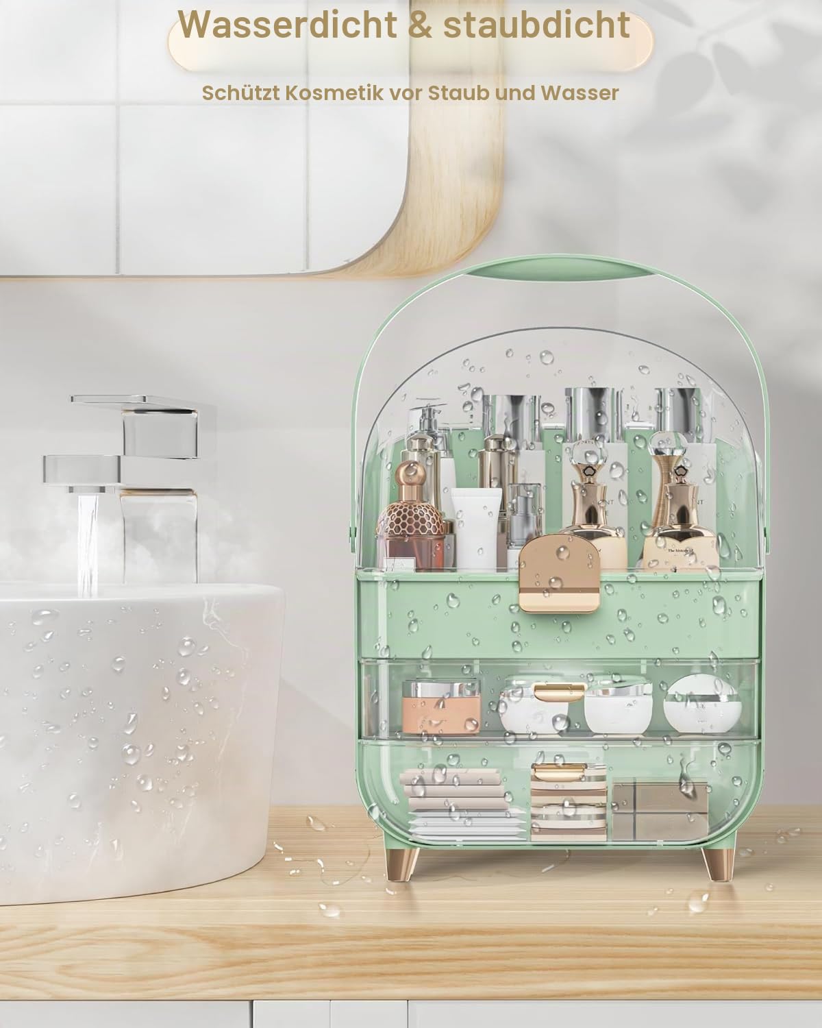 Makeup-Organizer mit Deckel & Schubladen – Kosmetik-Vitrine & Hautpflege-Aufbewahrung mit Staubschutz für Parfüm auf Badezimmerwaschtisch oder Kommode – Grün