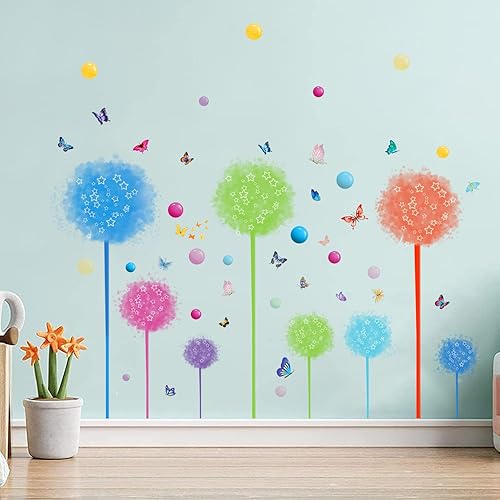 Miniatura 6 de Juego de 2 calcomanías de pared de flores silvestres de diente de león, calcomanías de arte para pared, diseño de mariposas florales, decoración
