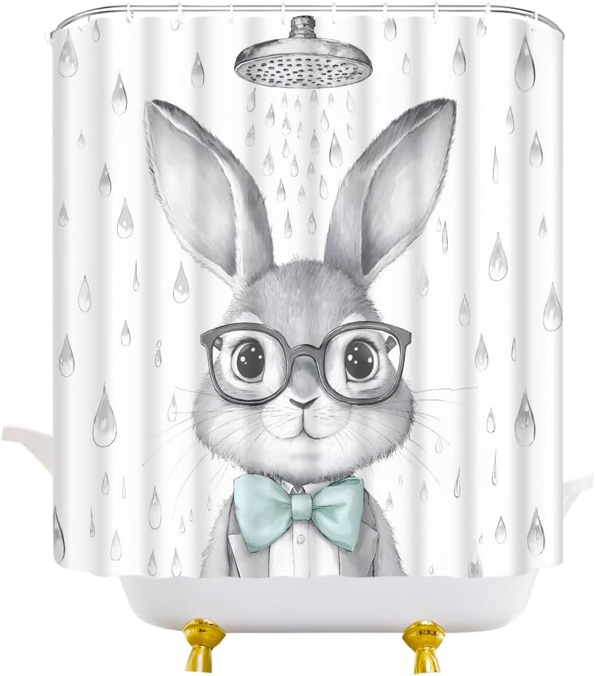 Cute Bunny Shower Curtain Funny Easter Rabbits Minimalist Modern Fabric Bathroom Decor Curtains with Hooks, 90" Wx70 H