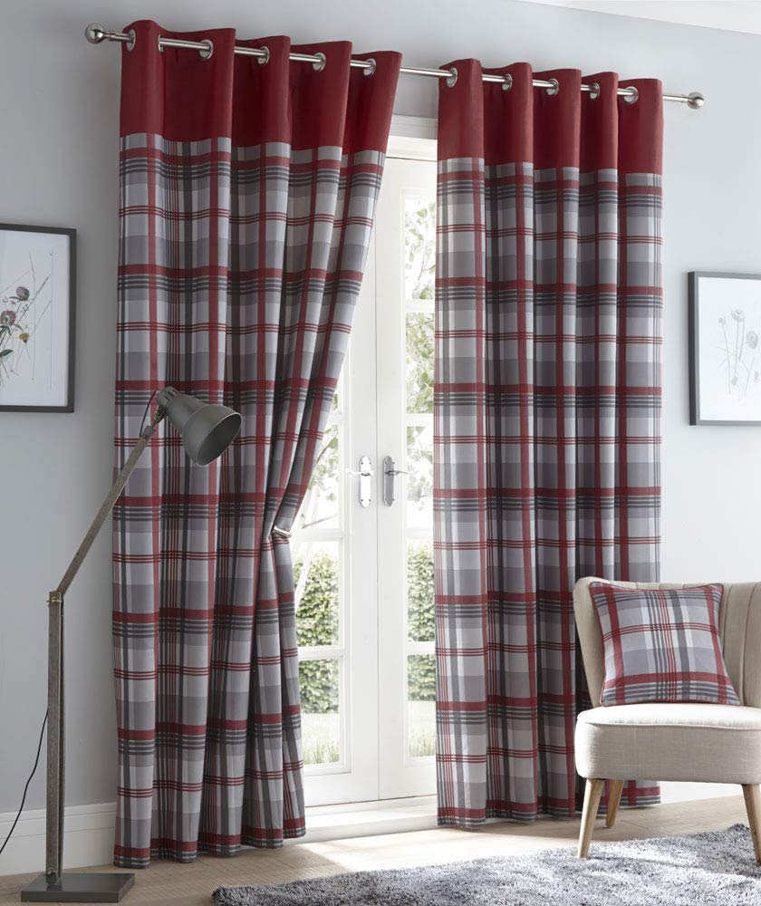 Homemaker Red curtains eyelet ring top lined curtains tartan check 66 x 90 (168x229cm)