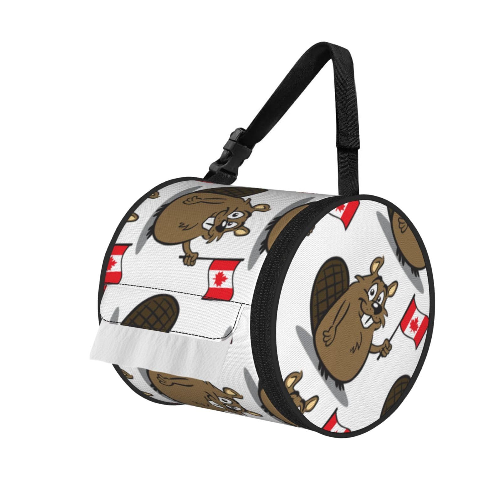 Beaver Print Round Paper Tissue Holder With Shoulder Strap, Portable Roll Case For Caravan Travel Use