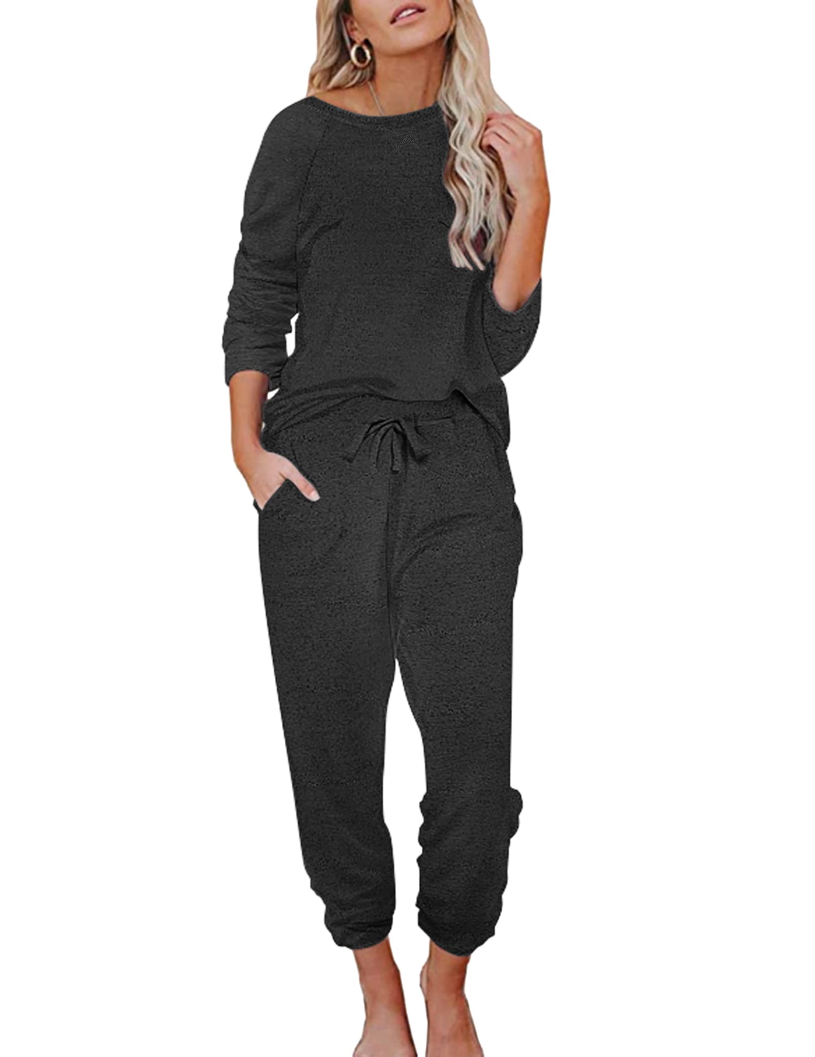 Ekouaer Damen Schlafanzug Lang Weich Pyjama Set mit Taschen Zweiteiler Sleepwear Winter Hausanzug S-XXL