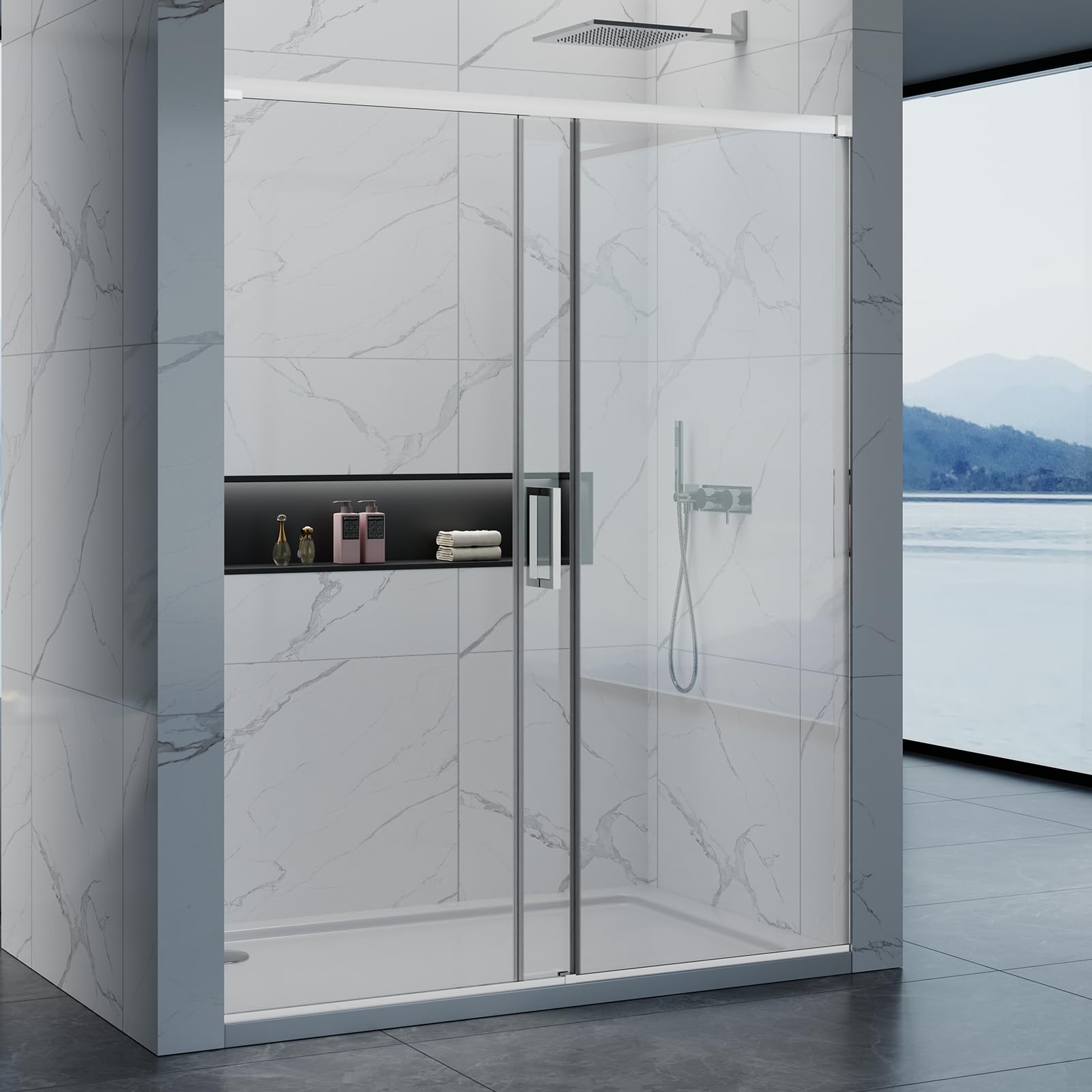 Frameless Shower Door 56-60" W × 76" H Sliding Glass Shower Door, 5/16" (8mm) Thick Tempered Glass with Nano Coating, 304 Stainless Steel Hardware, for Walk-in Shower - Bright Chrome