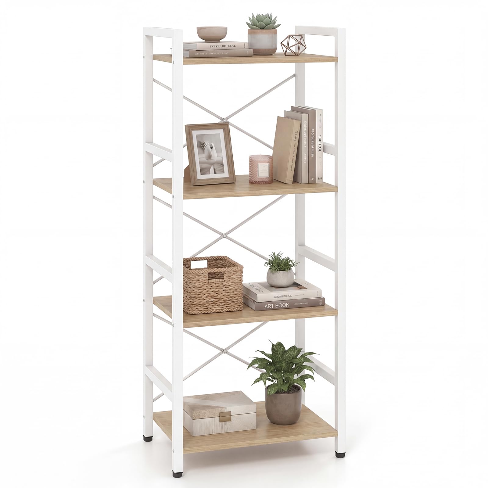 KOMFOTTEU Estantería de 4 Niveles, Librería Vertical con Estantes Abiertos, Mueble Almacenamiento Estrecha con Estructura de Metal y Dispostivos Antivuelco para Salón, 42x28x100cm (Natural y Blanco)