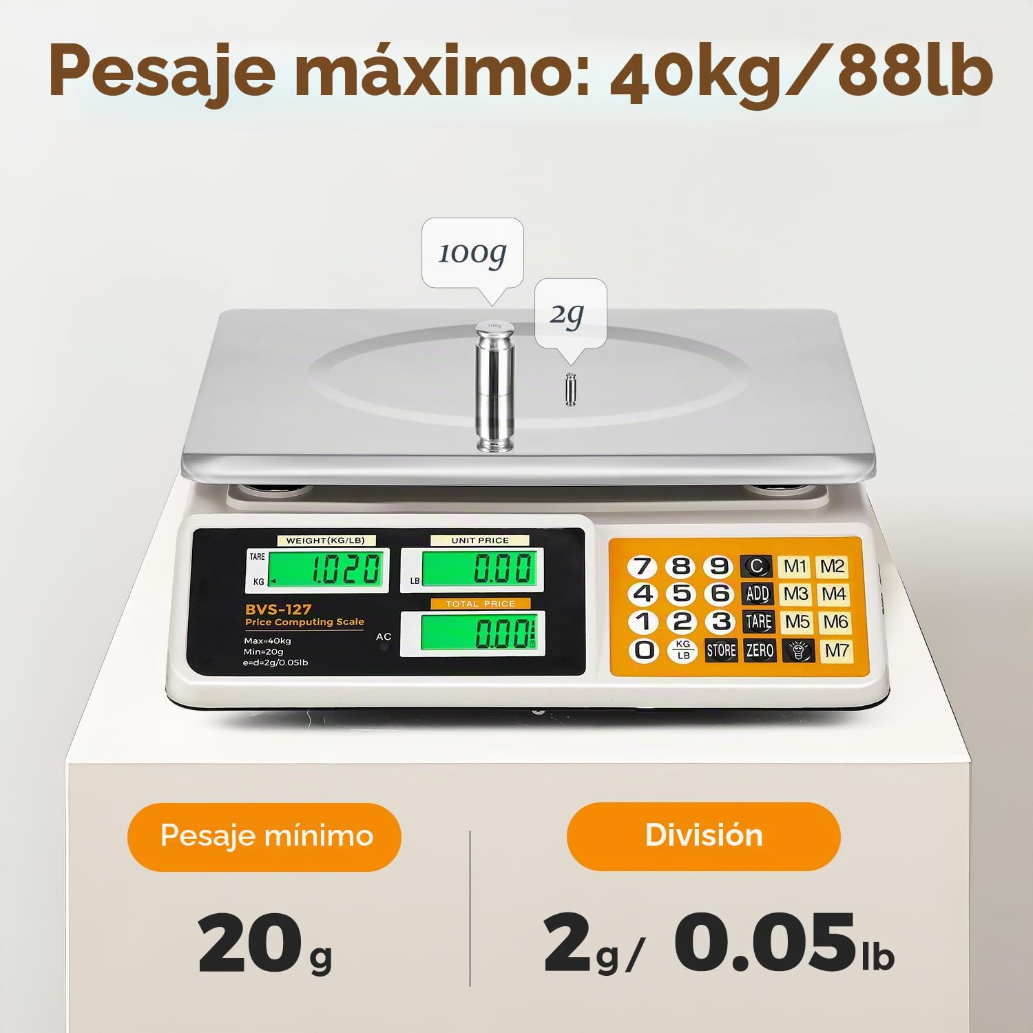 Bonvoisin Báscula de Cocina Comercial 40kg/2g, Báscula Digital con Contaje y 7 Memorias PLU, Doble Pantalla LCD, Tara, Recargable, Plataforma Acero Inoxidable, Uso Profesional en Panadería y Comercio