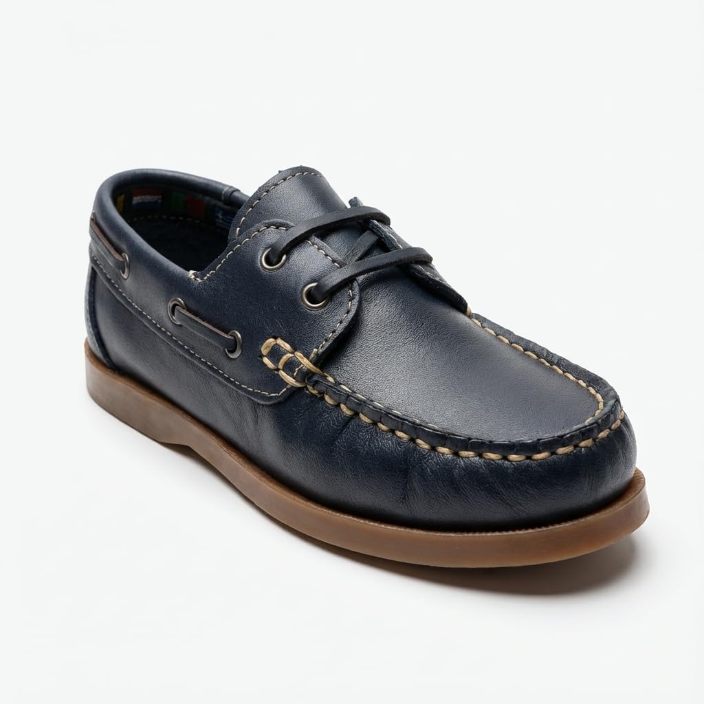 Náuticos Niño Velcro Piel Zapatos Colegiales Mocasines Serraje Calzado Infantil Escolar Uniforme Suela Goma Flexible Antideslizante. Ideal Vestir Comunión Ceremonia. Resistente Cómodo Fácil Calce