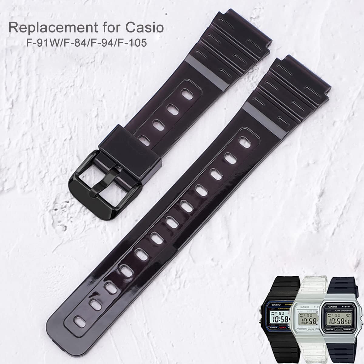 Lijinlan Replacement Watch Band for Casio F-91W/F-105/F-84/F-94, Soft TPU Sport Strap for Casio F91W Series Watch Wristband (Black)