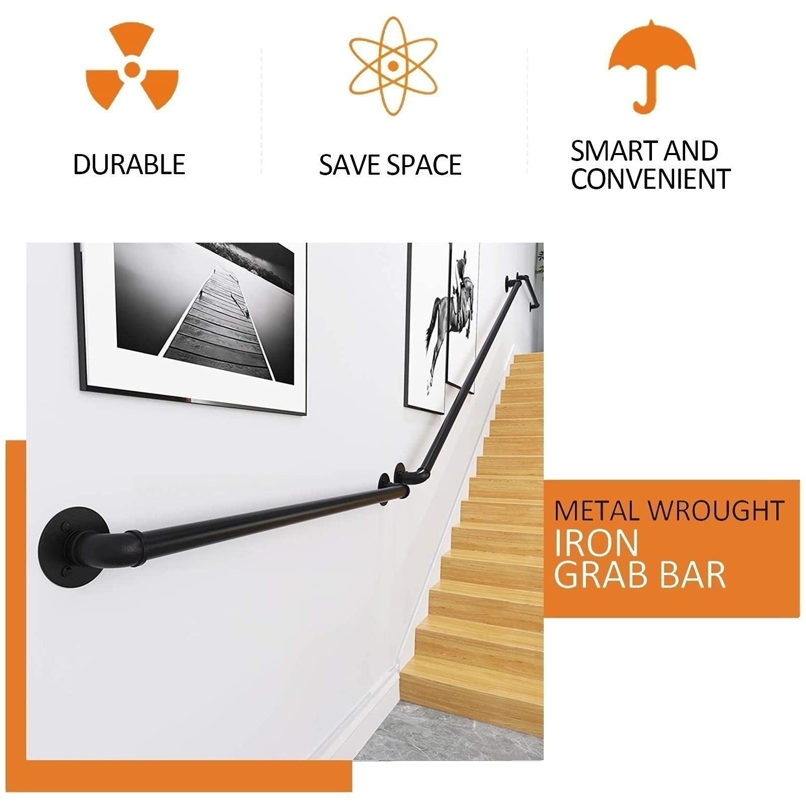 CMBSSTFC Kit de Soporte para barandilla Barra de Apoyo montada en la Pared Hierro Forjado Negro para Uso en Interiores y Exteriores Varios tamaños: 100 cm a 3,6 m