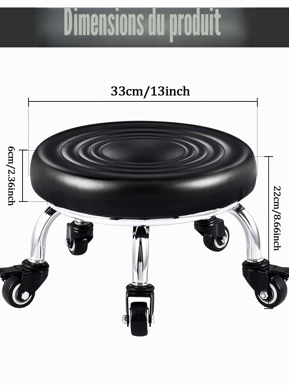 Kalolary Tabouret Pivotant à roulettes Réglable Siège Rond Base Métal Robuste Cuir Noir pour Salon Massage Coiffure Spa Thérapie Tatouage