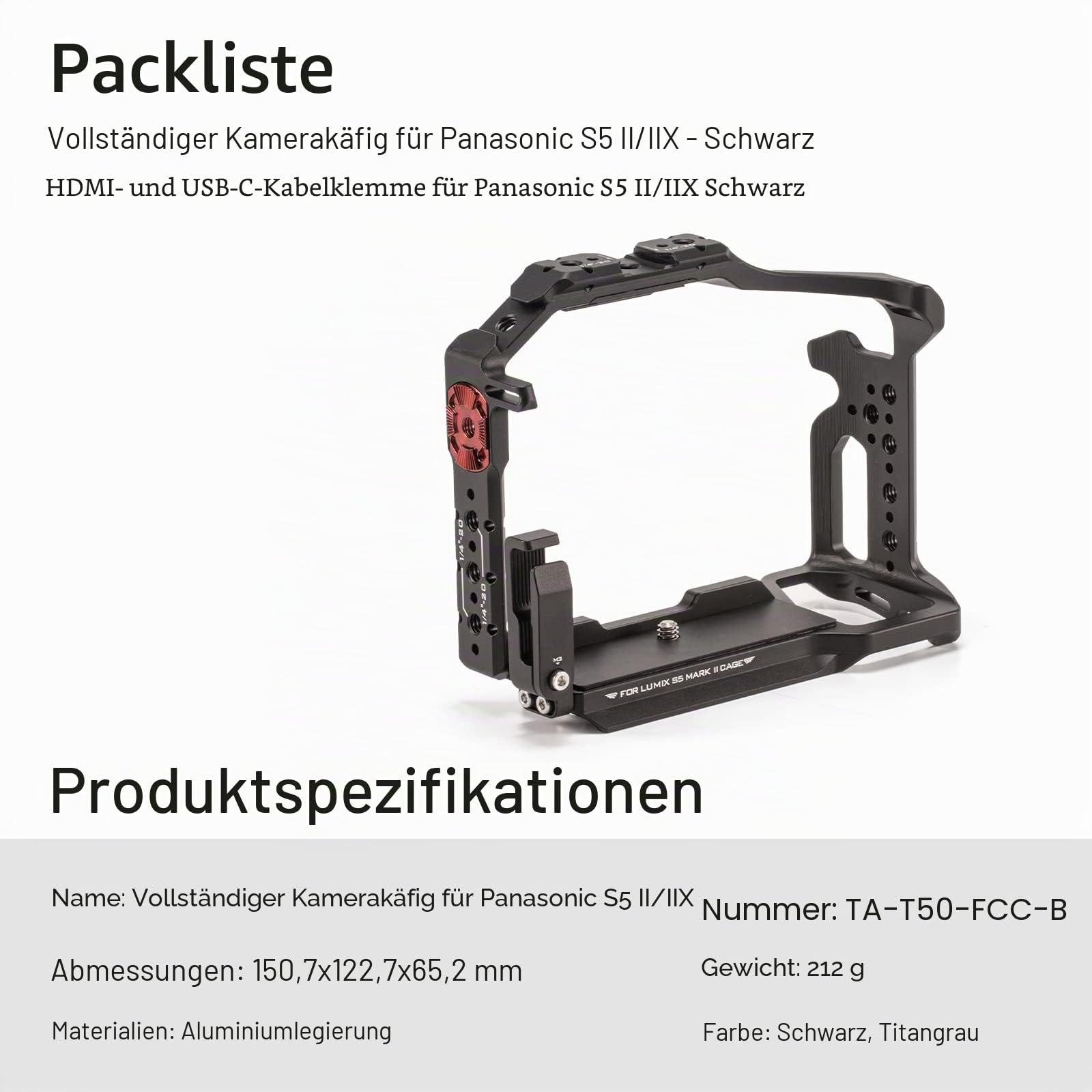 Tilta Käfig für S5 II/S5 mit HDMI-USB-C-Kabelklemme und NATO-Rail - Schwarz TA-T50-FCC-B