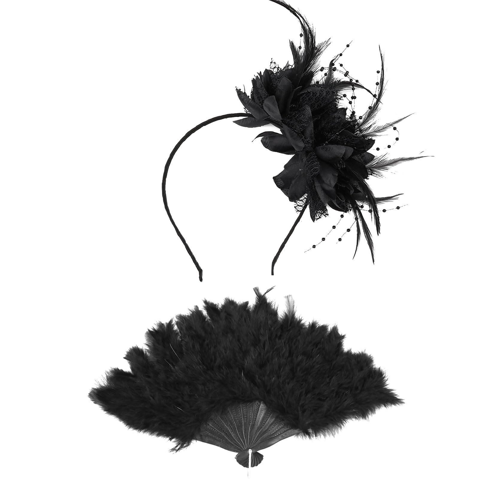 MUNSKT 2 Pcs Flower Cocktail Tea Party Feather Set, Headwear and Black Feather Fan
