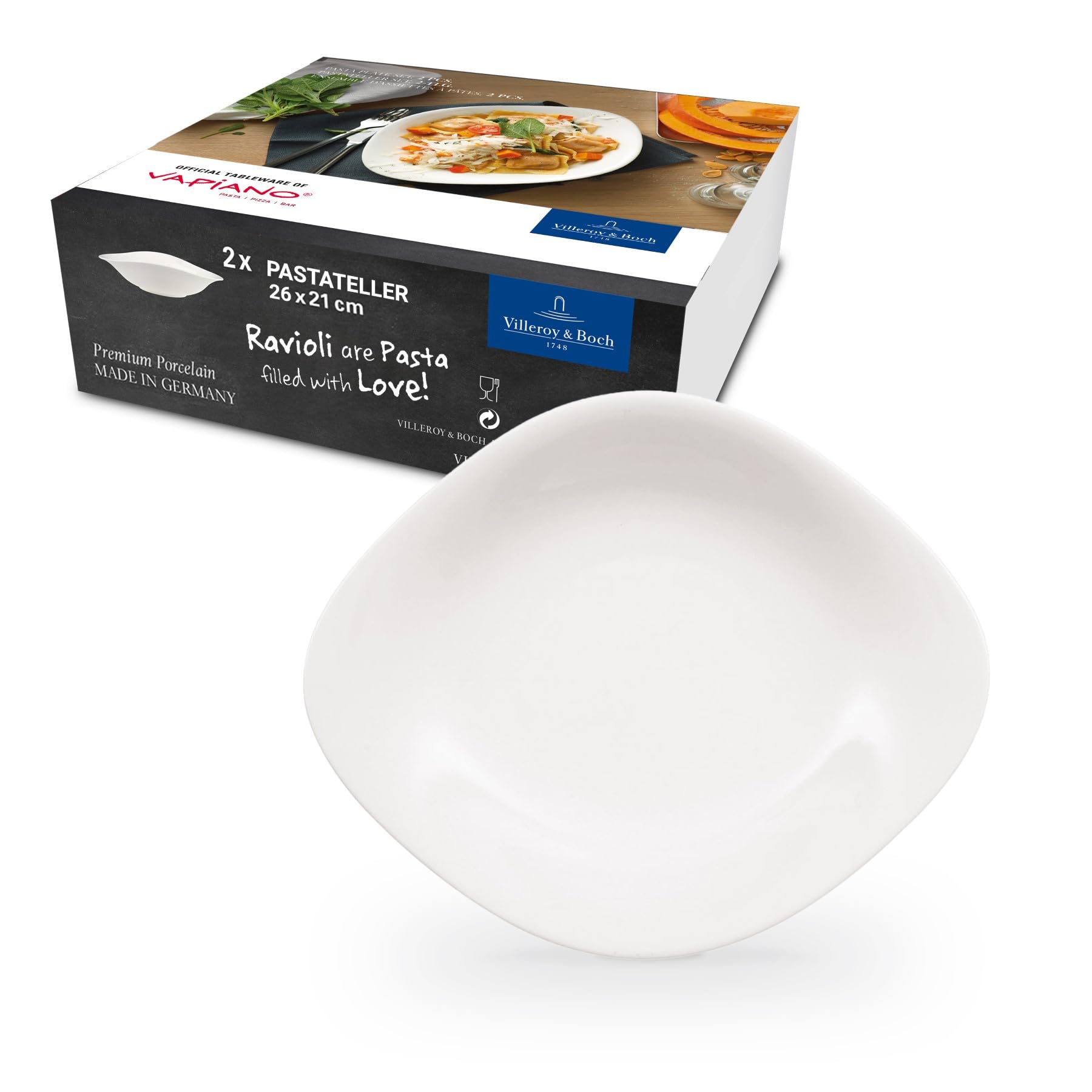 Villeroy & Boch - Vapiano Pastateller Set 2 teilig, Pastateller Groß Tief Weiß, Nudelteller, Pastatellerset, Spaghettiteller, Suppenteller Tief, Salatteller Groß, Vapiano Teller Tief, Porzellan