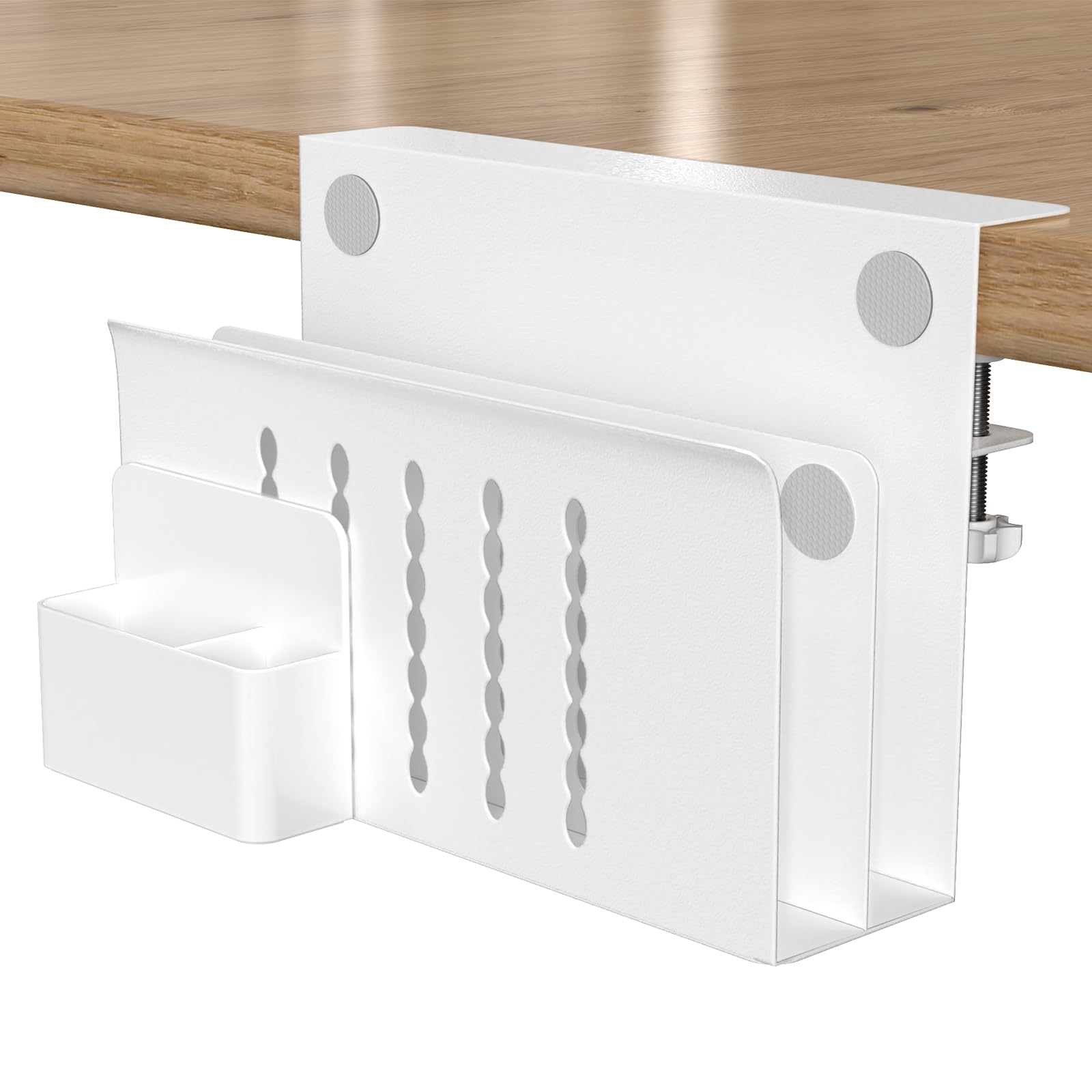 HAMOPY Desk Side Storage, 2 Tier Steel Hanging Desk Organizer with Magnetic Pen Holder, No Drilling Standing Desk Drawer Cable Management Tray, Under Desk Laptop Holder for Office, School&Home (White)