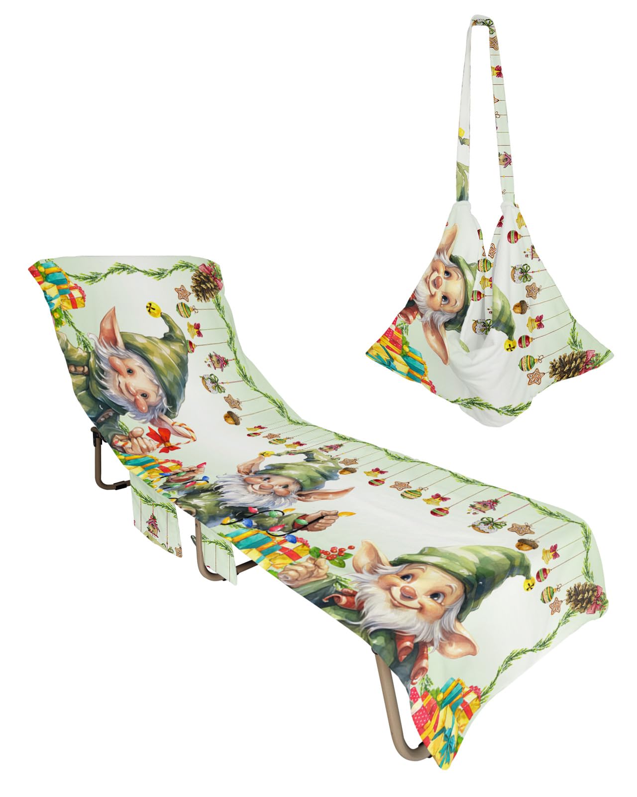 Christmas Gnomes Beach Chair Towel Covers for Chaise Lounge with Side Pocket, Soft Plush Pool Towels Cover for Patio Sunbathing Outdoor 29''x85'' Green Forest Pine Leaves Cone