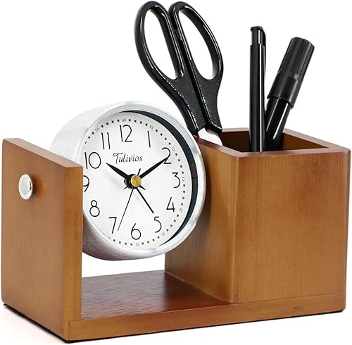 Miniatura 1 de Tulivios Organizador de escritorio de madera, reloj despertador digital con soporte para bolígrafo, funciona con pilas, regalo de diseño simple,