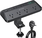 TROND Desk Clamp Power Bar Surge Protector with PD 20W USB C, 6 Outlets Desktop Charging Station, 6ft Flat Plug Extension Cord Indoor, Fit 1.97" Tabletop Edge, ETL Listed, Home Office Supplies, Black
