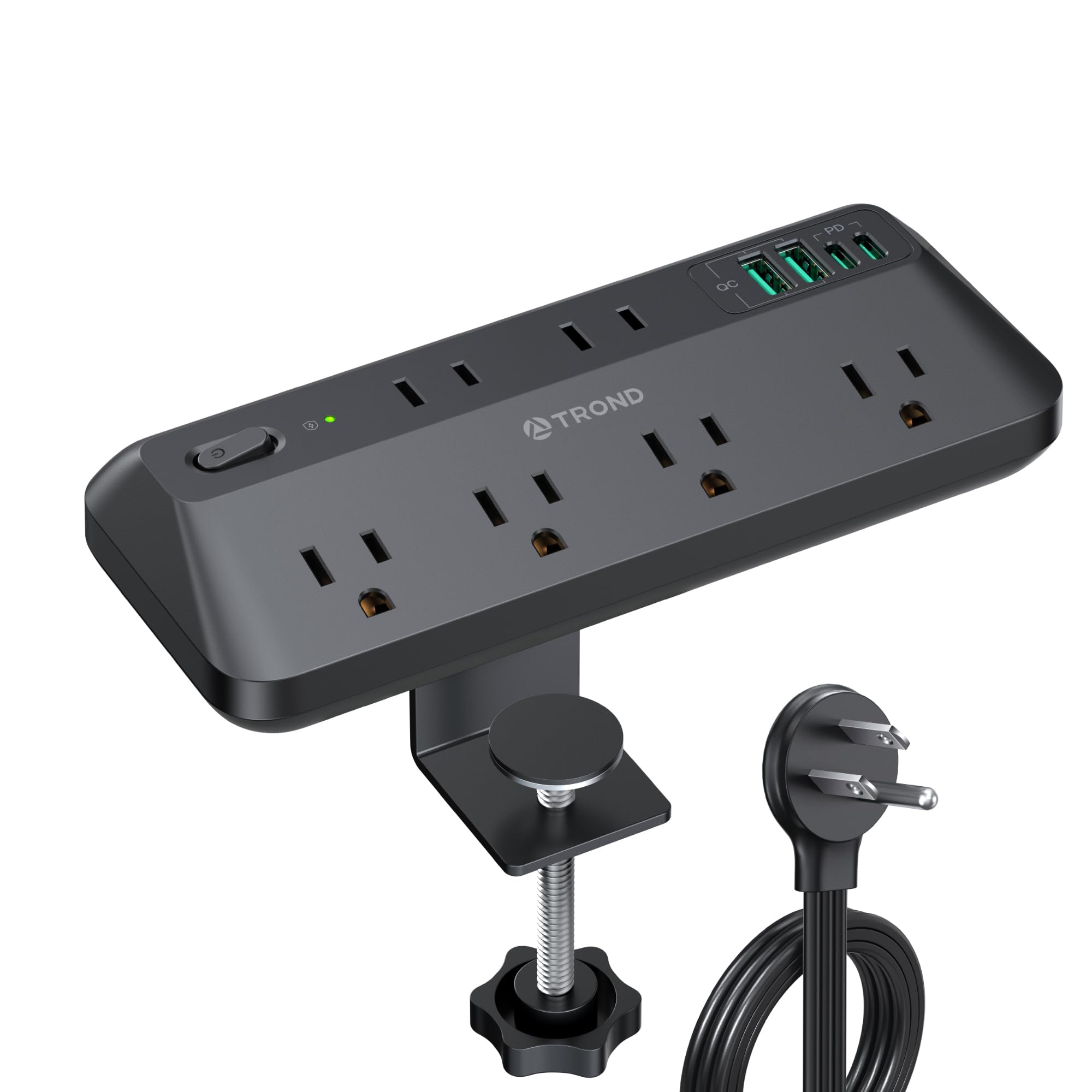 TROND Desk Clamp Power Bar Surge Protector with PD 20W USB C, 6 Outlets Desktop Charging Station, 10ft Flat Plug Extension Cord Indoor, Fit 1.97" Tabletop Edge, ETL Listed, Home Office Supplies, Black