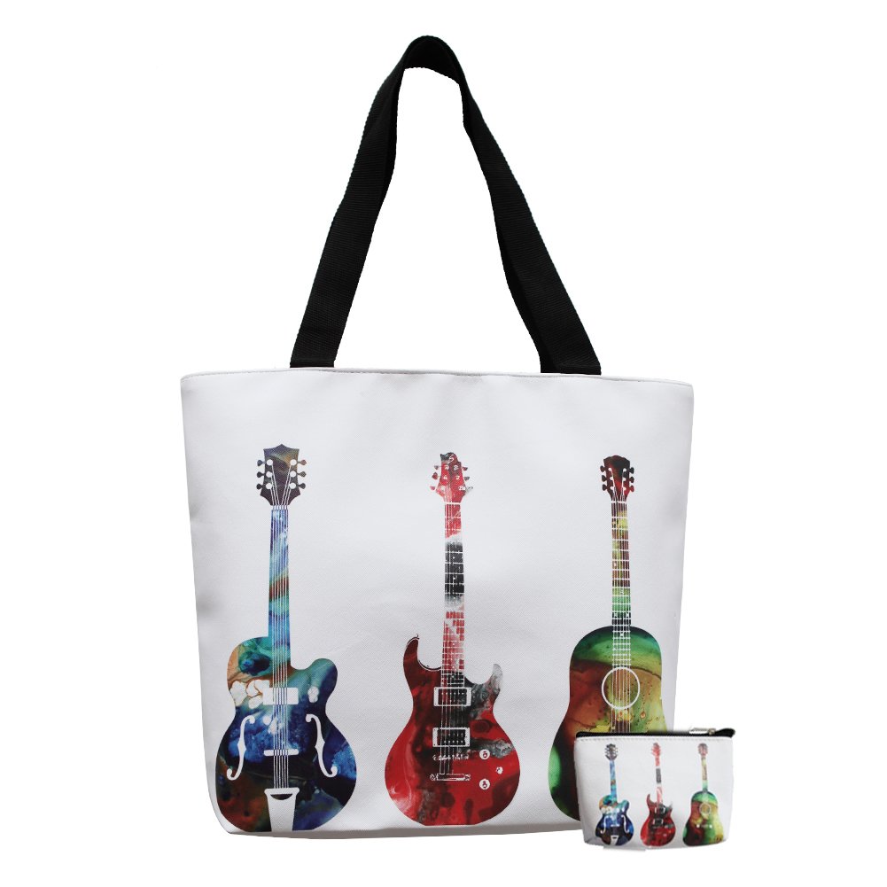 Womens Top Handle Bags Tote Bag with Colorful Guitar Patterns By MissShorthair