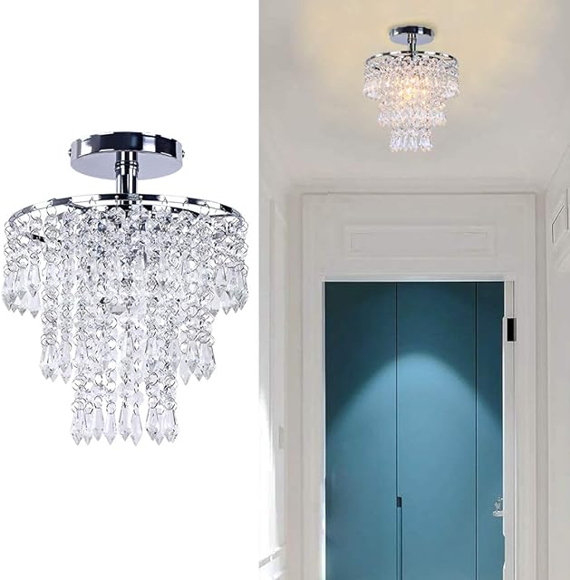 Mini Size Crystal Chandelier Modern Flush Mount Ceiling Light 3 Tiers Raindrops Crystal Pendant Lighting Fixture Decoration for Bedroom Kid's Room Hallway Living Room,E26 Base,Chrome