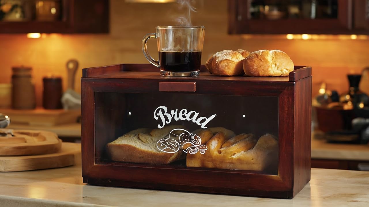 Maison Des Cadeaux Brown Retro Vintage Bamboo Wood Single Layer Food Storage Countertop Bread Bin