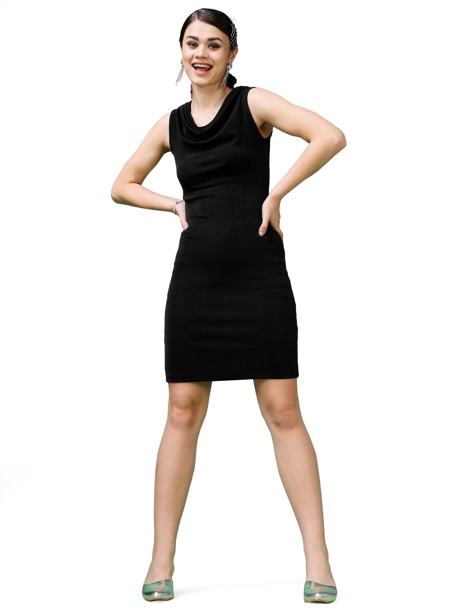 Purvaja Womens Bodycon Above Knee Length Dress (Shine-093-Black_Black_Xx-Large)