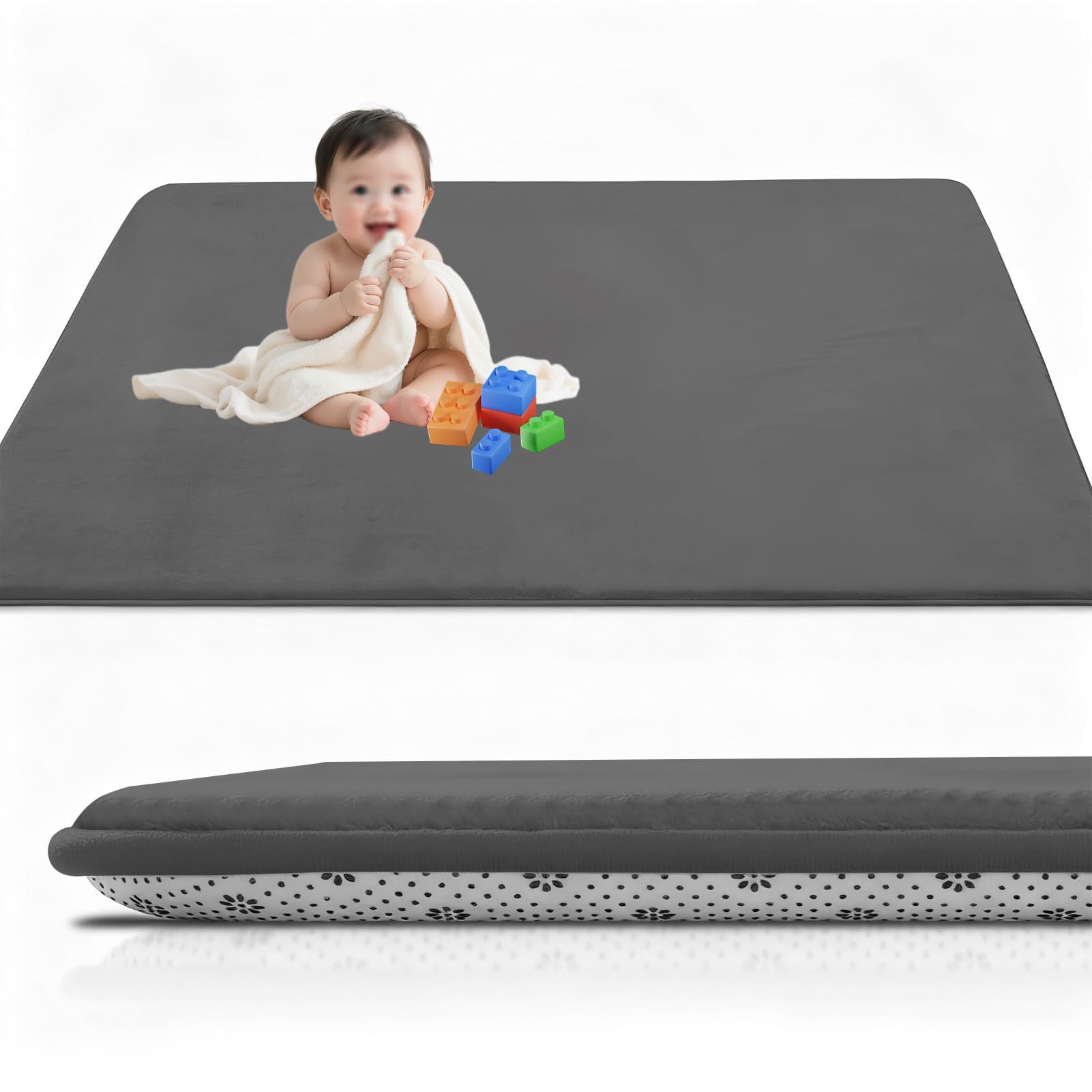 Baby Spielmatte, 3cm Dickes Extra groß Memory-Schaumstoff Matte für Bauchlage, Rutschfester Kinderteppich, Krabbelmatte, Korallensamtteppich, Tatami-Matte 100 x 120 cm Dunkelgrau