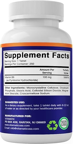 Miniatura 8 de Vitamatic Vitamina B6 (Pyridoxine HCI), 100 mg 250 tabletas vegetarianas  promueve la producción de energía, aumenta el metabolismo y el apoyo a la
