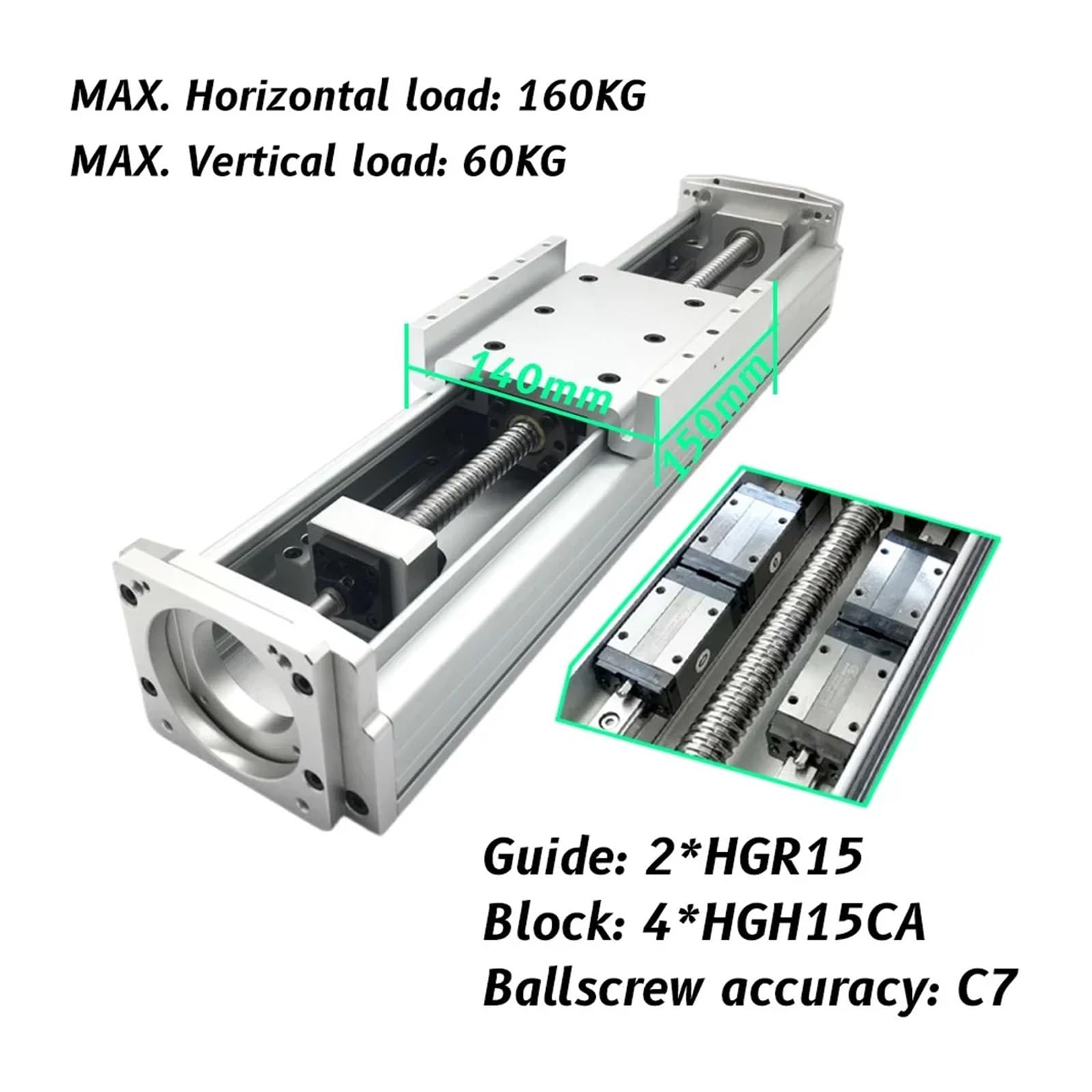 Module d'actionneur d'axe XYZ SFU2005, table coulissante entièrement fermée de 125 mm de largeur, guidage linéaire, couvercle anti-poussière, charge de 160 kg(Horizontal)