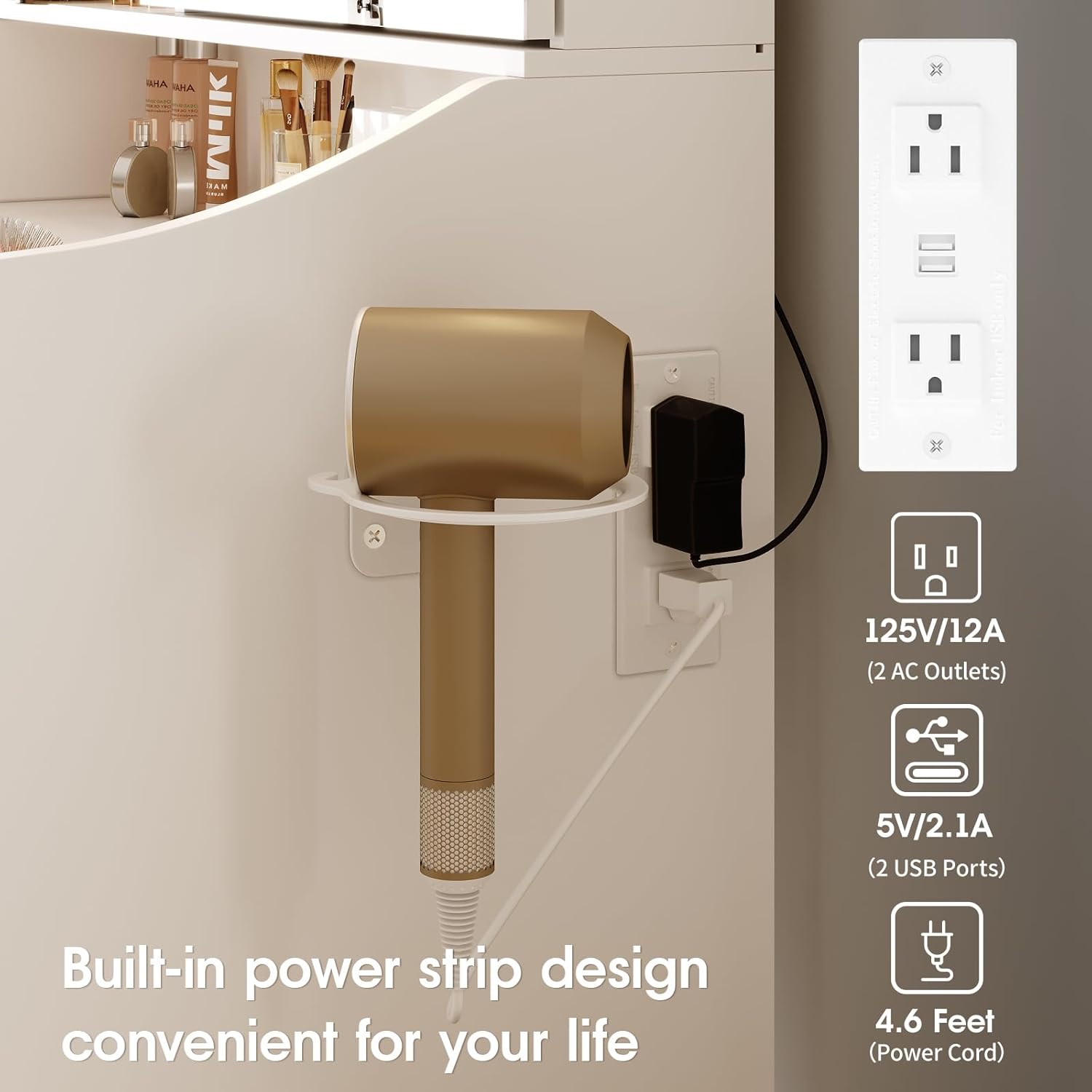 Close-up of the built-in power strip with two AC outlets and two USB ports, next to a hairdryer holder.