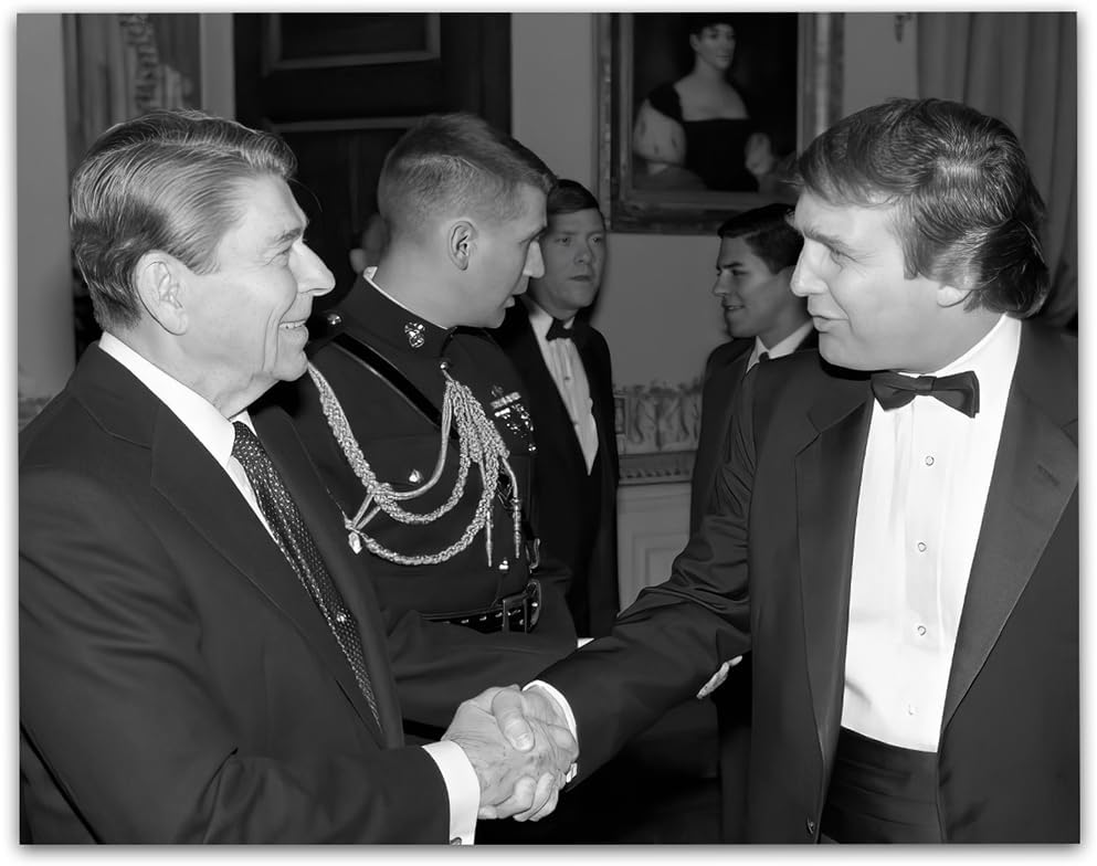 Trump Meets Reagan - Vintage Political Photography 18x24 Unframed Print, Historical Black and White Diplomatic Poster, Retro Political Event Wall Decor, Office Decor, Timeless Diplomatic Moment Art