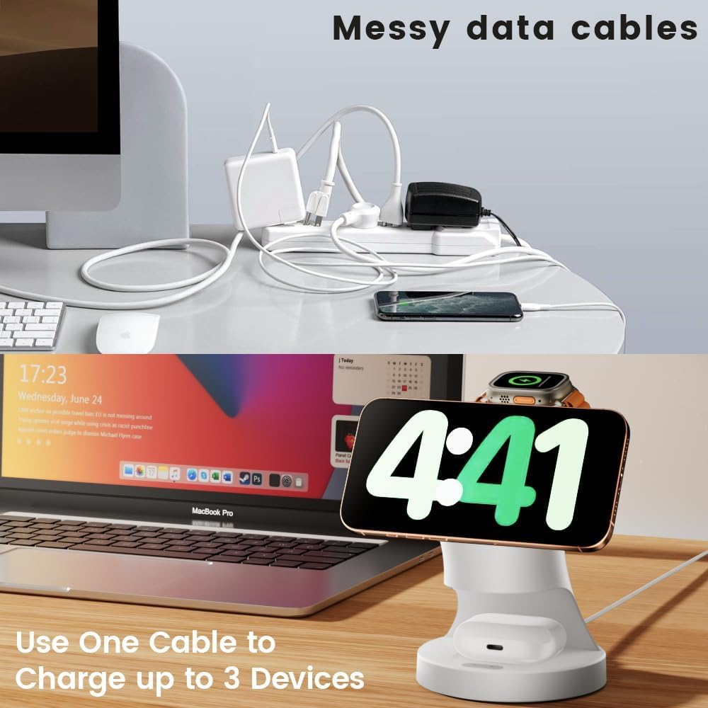 Magnetyczna ładowarka do Apple Watch i iPhone'a, 3 w 1, bezprzewodowa ładowarka do iPhone 16/15/14/13/12 Kompatybilna Samsung Apple Watch/AirPods Pro Series (biały)