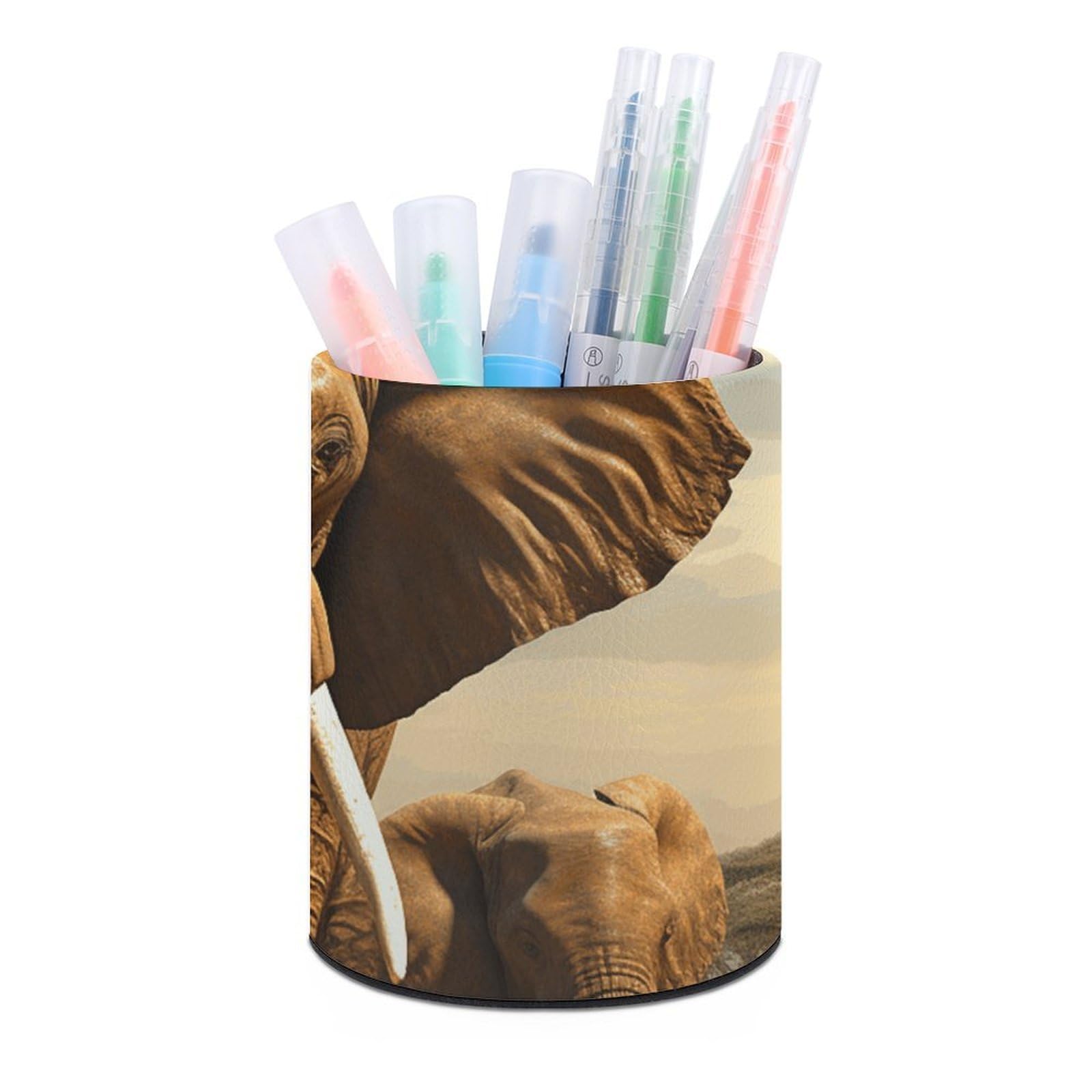 FekiLoot PU Leather Round Pen Holder Elephant Animals Pencil Holder Desk Organizer Pen Organizer Pen Cup Pencil Cup Caddy Desktop Stationery Organizers for Office Home Supplies