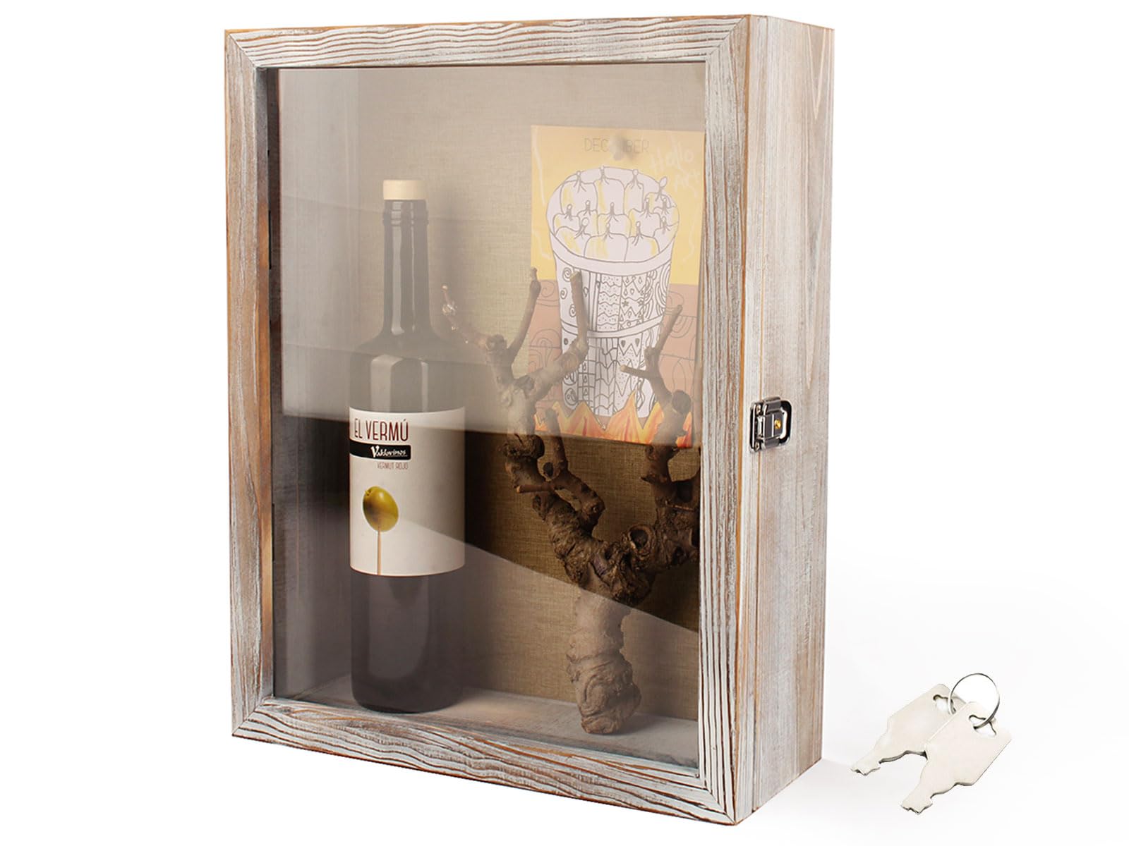 JJWLWEI 12x17 Extra Deep Shadow Box, Large Shadow Boxes Display Cases with Lock?for Displaying Photo Souvenir Collection?Rustic White?