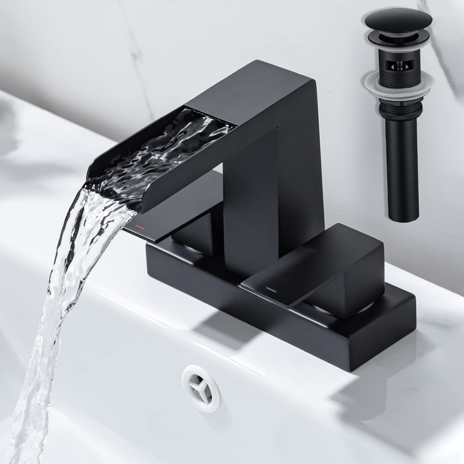 HAMOLER 4 Inch Centerset Waterfall Bathroom Faucet 2 Handle 3 Hole Basin  Faucet with Pop Up Drain with Overflow, Vanity Faucet Matte Black - Amazon. com
