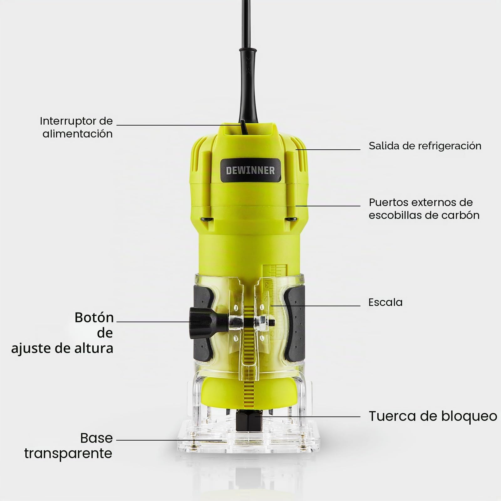 Dewinner Fresadora de Madera Rebajadora Eléctrica 710W 13000-33000RPM, Grabado Fresa Para Biselar,3 Alicates de 1/4'', 6 mm y 8 mm, 6 Velocidades Variables, Profesión de Laminadora Fresa con Rodam