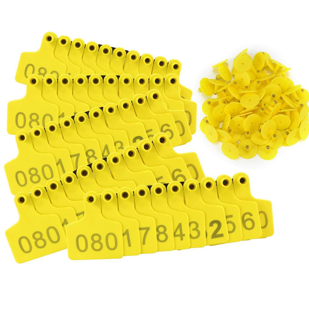 Kolczyk do identyfikacji zwierząt hodowlanych, Kolczyki dla zwierząt gospodarskich Wielokolorowe, wiele rozmiarów, opakowanie 100 numerowanych PE(Yellow,7.5 * 10cm 101-200)