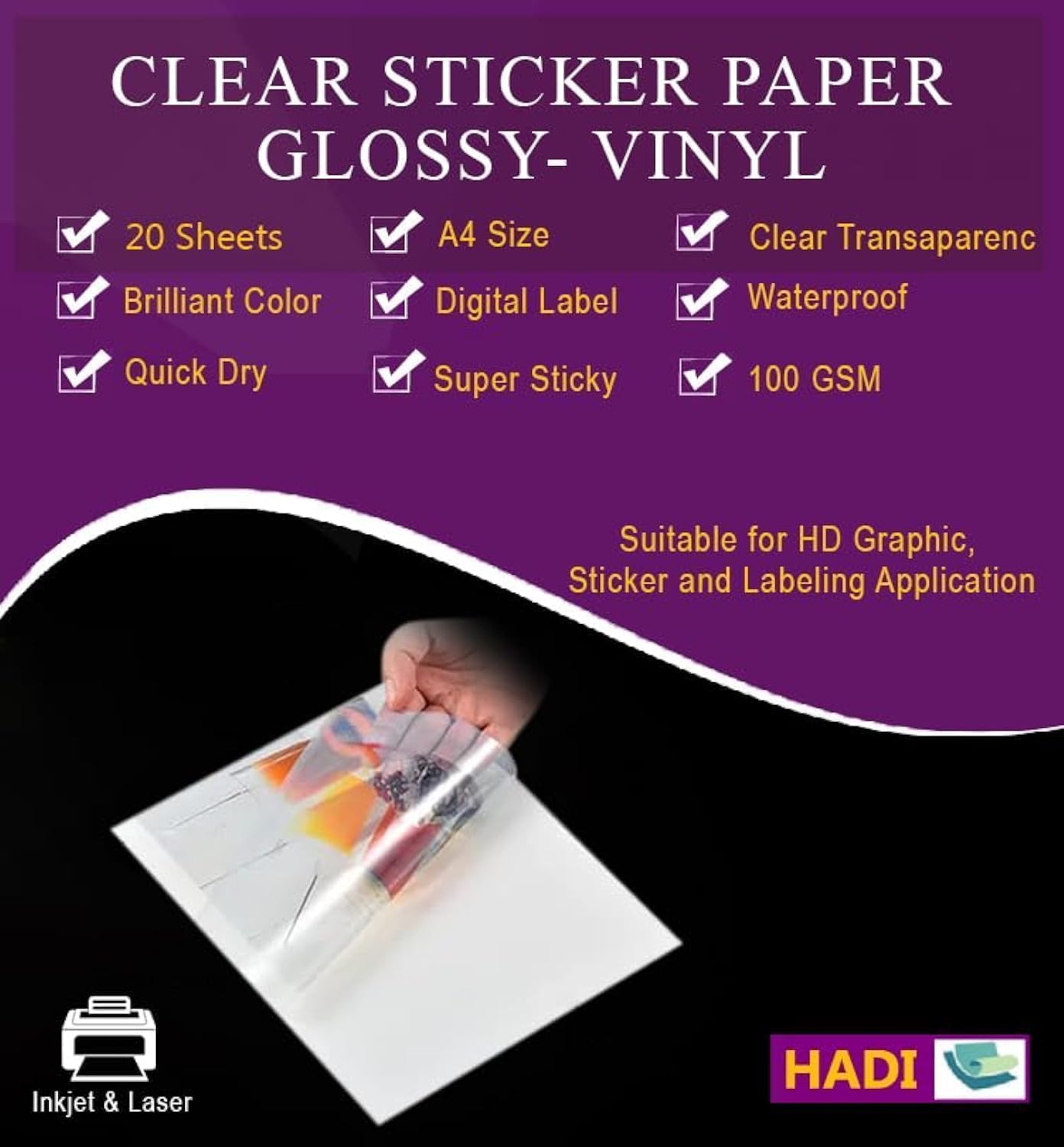 A4 Clear Glossy Vinyl Sticker Paper Self Adhesive Labels-95% Clear Because is Waterproof -Brilliant Color-Digital Label, Waterproof for all Inkjet Printer-Full 20 Sheet for DIY Personalized,Decals