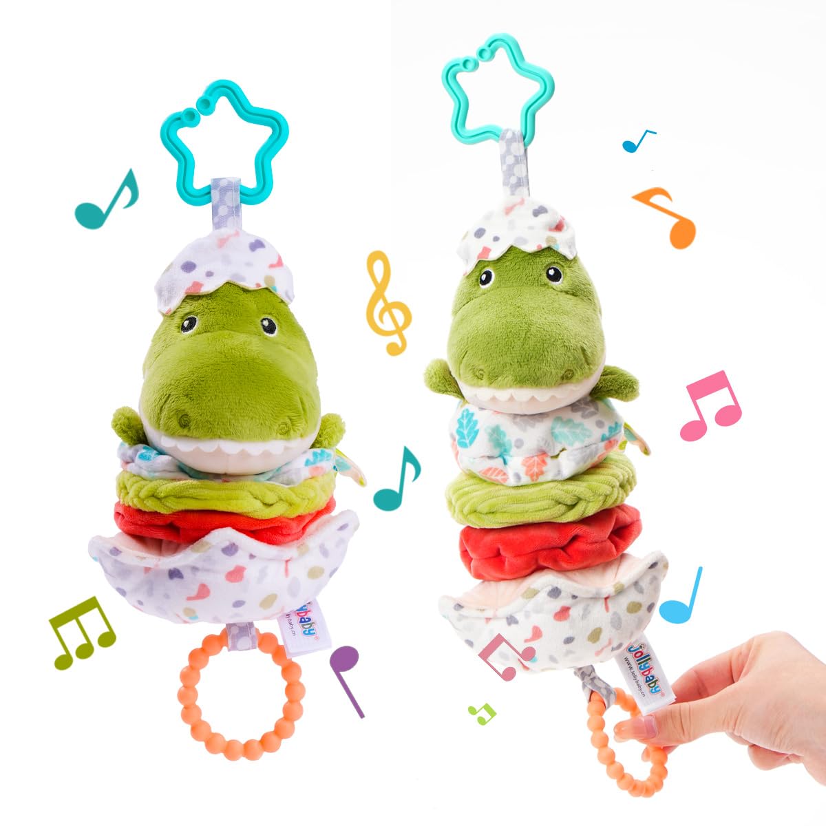 Jollybaby Baby Musical Pull String Hanging Toy for Stroller Car Seat Crib Play Gym, Plush Stuffed Dinasour Toy for Carseat with Music Teether Crinkle