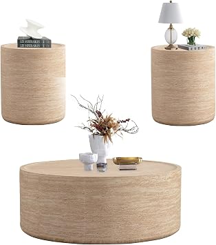 SSLine Modern Drum Coffee Table Set of 2 Faux Travertine Living Room Table Set with 31.5" Round Coffee Table and 2 End Tables for Living Room Home Office,Fully Assembled