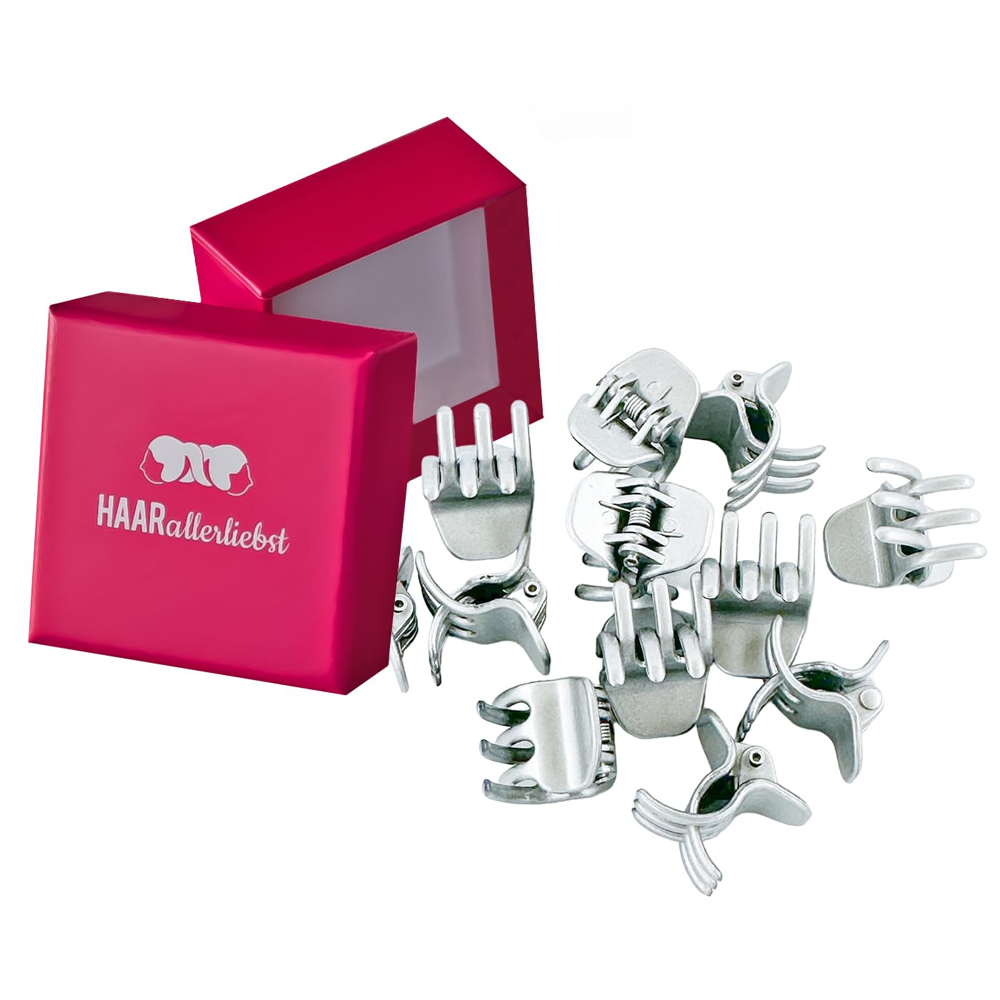 HAARallerliebst Small Hair Clip Set of 12, Silver Hair Clips for Women, Mini Hair Clips, Silver; box colour: pink