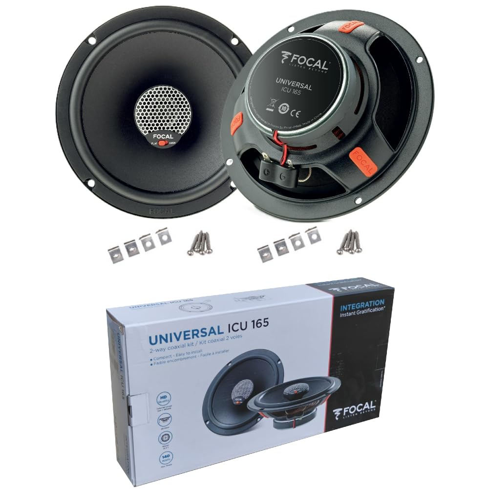 Kit Set para Focal Universal ICU 165 ICU165, 2 Altavoces coaxiales de 2 vías, 16,5 cm 165 mm 6,5" de diámetro, 70 vatios RMS, 140 vatios máx., 4 ohmios, 93 dB, por par + Tornillos incluidos