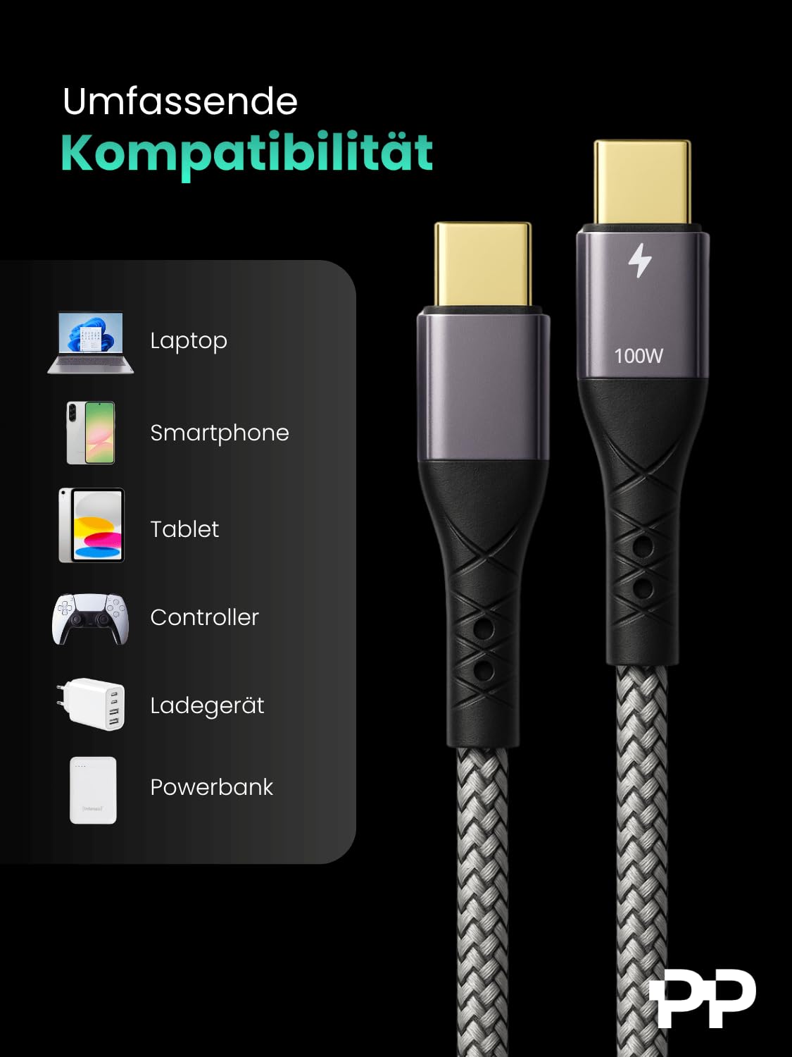 ProfiPatch - Cavo dati USB A a USB C, 60 W, QC 3 A, 2 x 2 m, colore